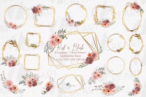 Blush Flower Golden Bridal Templates Art: Graphics & Print Templates