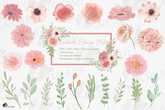 Blush Watercolor Floral Wedding Clip Art: Graphics for Print Templates