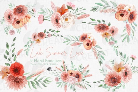 Coral Blush Pink Floral Bouquets Decor: Graphics & Print Templates