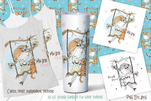 Cute Girl with a Cat on a Swing: Graphics & Illustrations for Creative Publishing
