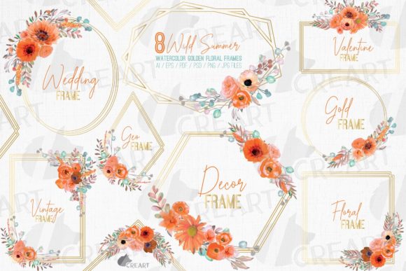 Orange Flowers with Gold Wire Frames Art Graphics