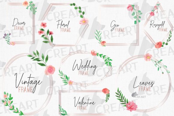 Rosegold Floral Geo Wire Frames Clip Art: Graphics for Print Templates