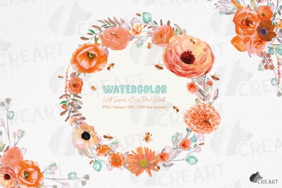 Wild Summer Orange Floral Wreath Bees: Graphics and Print Templates